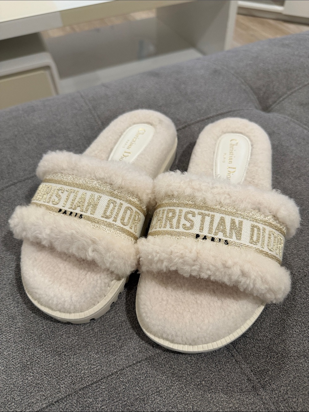 Dior Cream Shearling Slide Slippers with Gold Logo Band